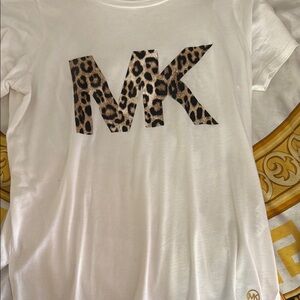 Michael Kors White and Brown Short Sleeve Tee with Animal Print